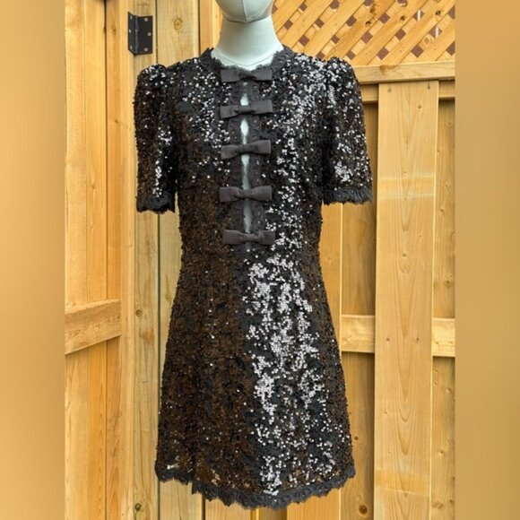 🆕 REBECCA VALLANCE 🧿 NWOT x Nicky Hilton Diana Black Bow Sequin Mini, Sz US 8 - Picture 11 of 16